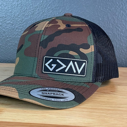 God Is Greater Than The Highs And Lows Christian SnapBack Leather Patch Hat Blk/Silv Side Patch Hat