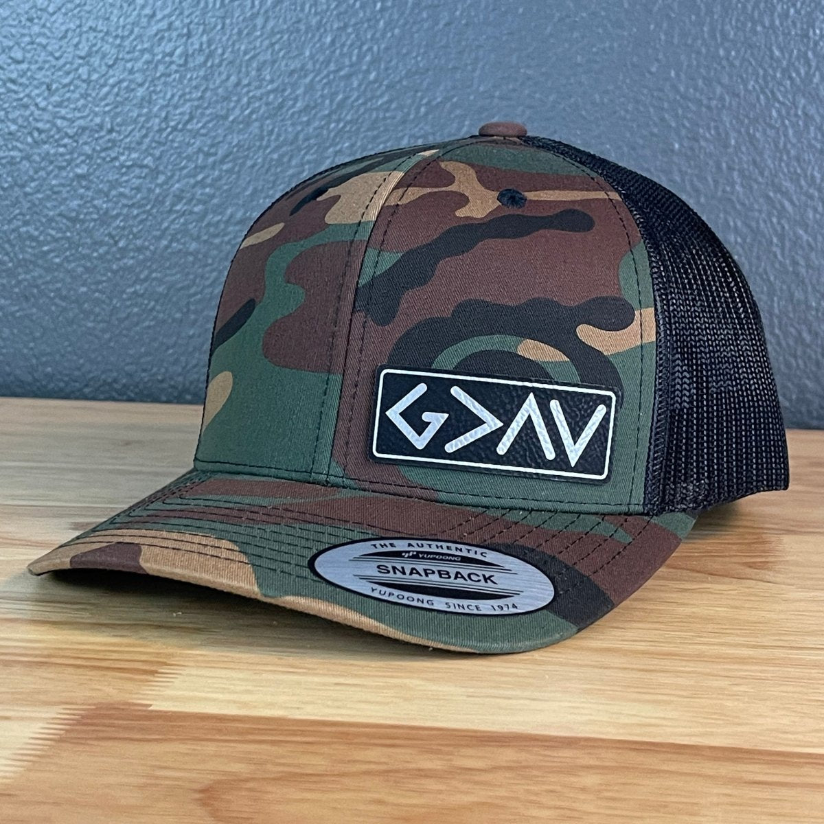 God Is Greater Than The Highs And Lows Christian SnapBack Leather Patch Hat Blk/Silv Side Patch Hat