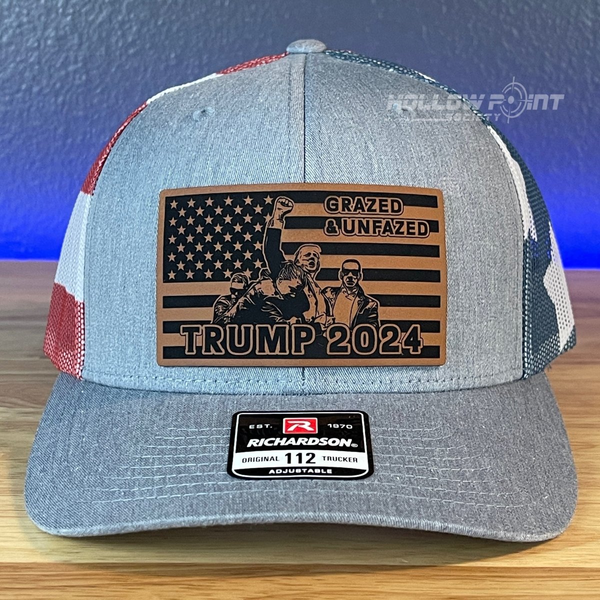 GRAZED & UNFAZED Trump 2024 Flag Leather Patch SnapBack Trucker Hat Stars & Stripes Patch Hat