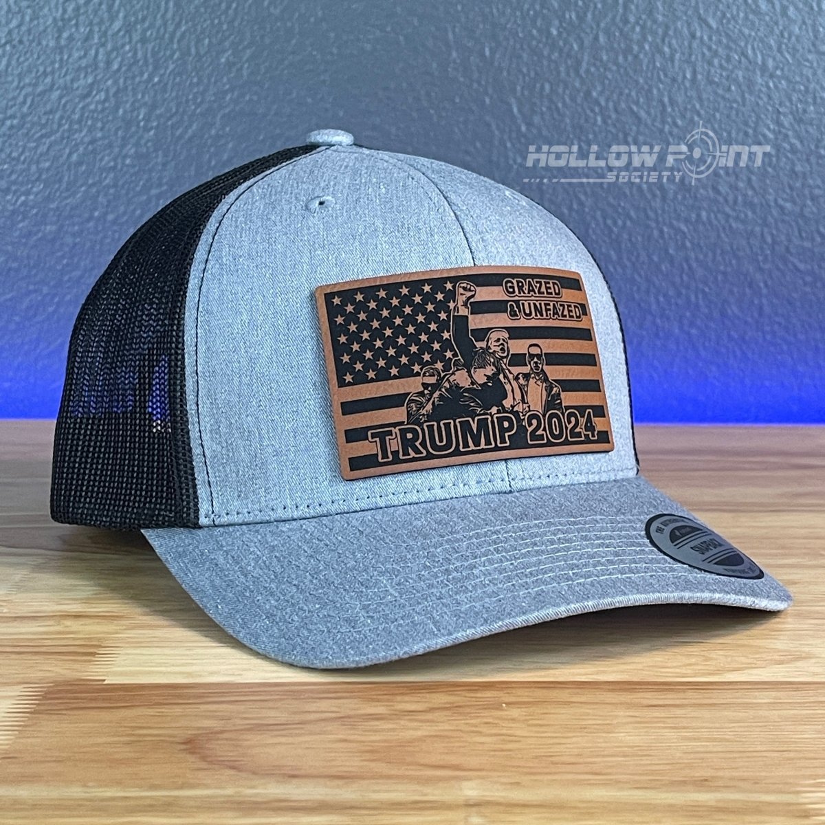 Grazed & Unfazed Trump 2024 Flag SnapBack Trucker Rawhide Leather Patch Hat Patch Hat