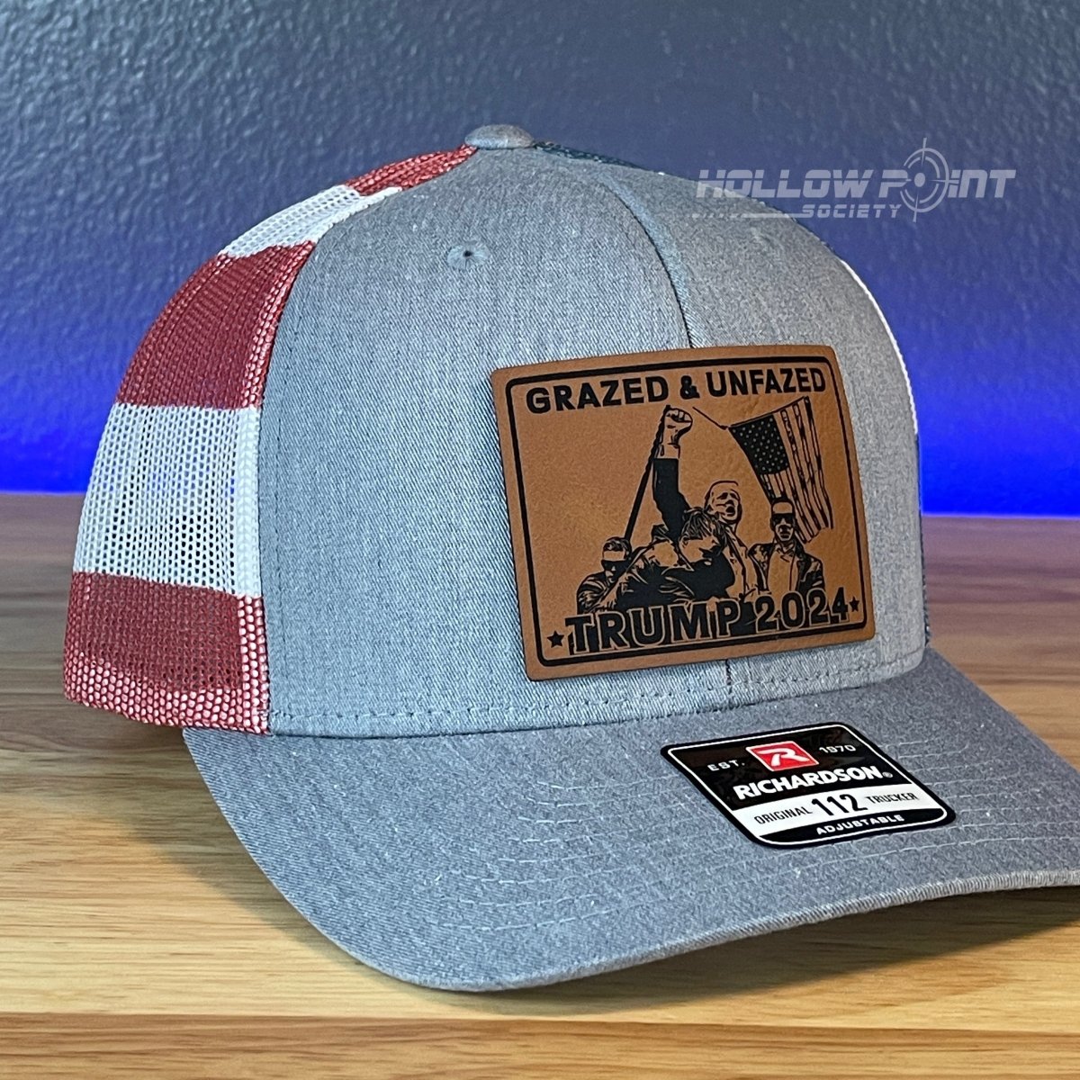 GRAZED & UNFAZED Trump 2024 Leather Patch SnapBack Trucker Hat Stars & Stripes Patch Hat