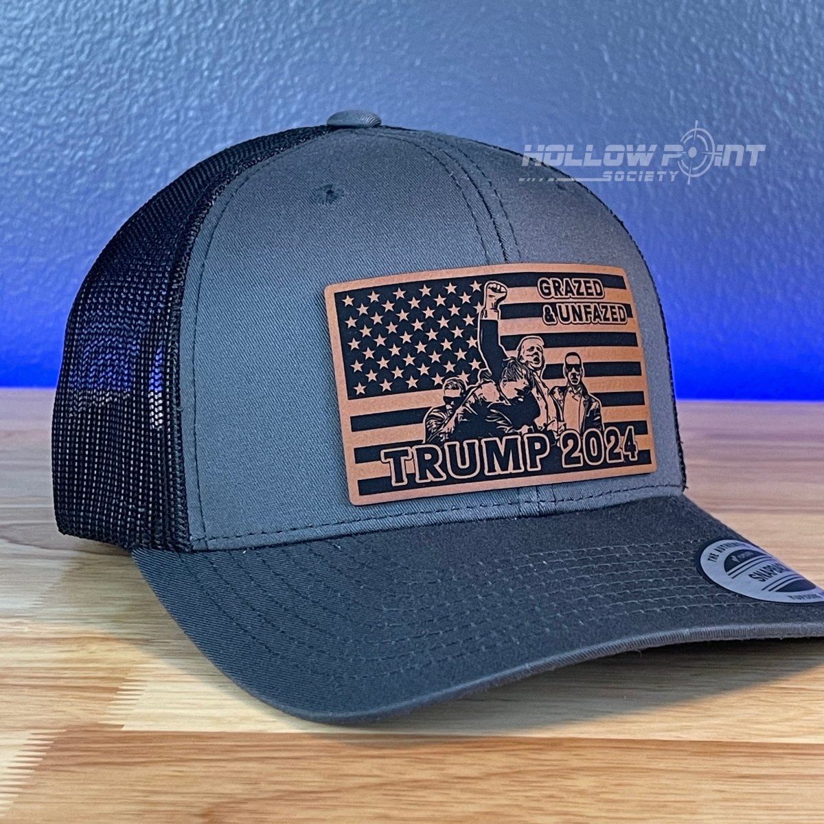 Grazed & Unfazed Trump 2024 SnapBack Trucker Rawhide Leather Flag Patch Charcoal Hat Patch Hat