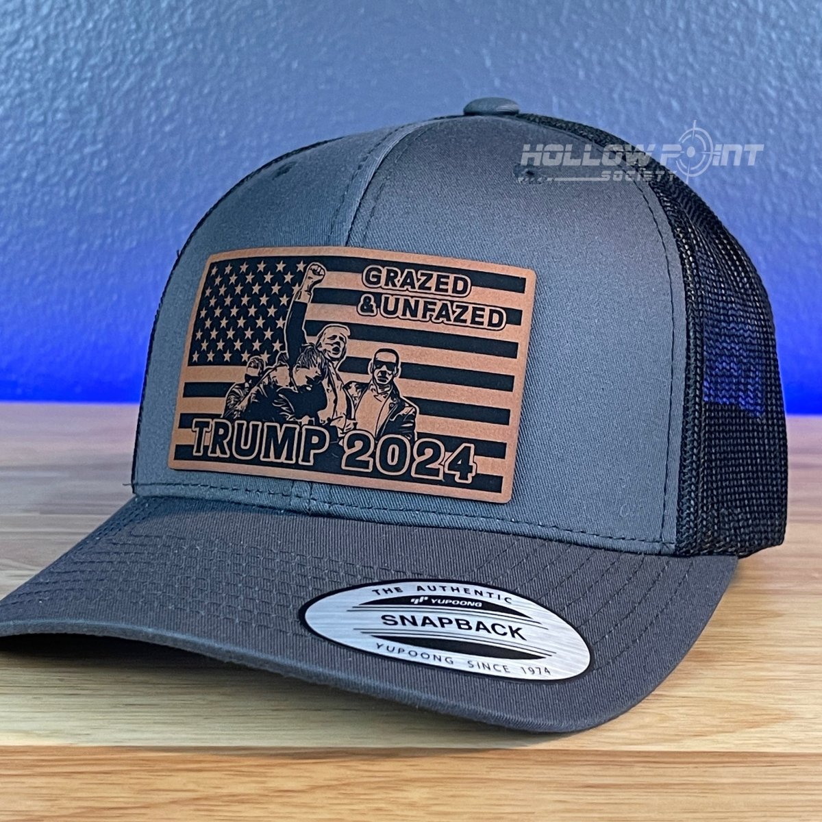 Grazed & Unfazed Trump 2024 SnapBack Trucker Rawhide Leather Flag Patch Charcoal Hat Patch Hat