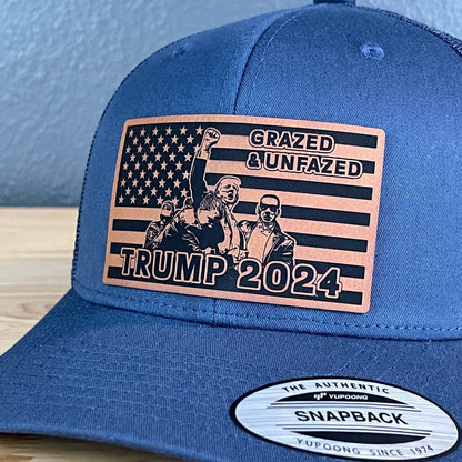 Grazed & Unfazed Trump 2024 SnapBack Trucker Rawhide Leather Flag Patch Navy Hat Patch Hat