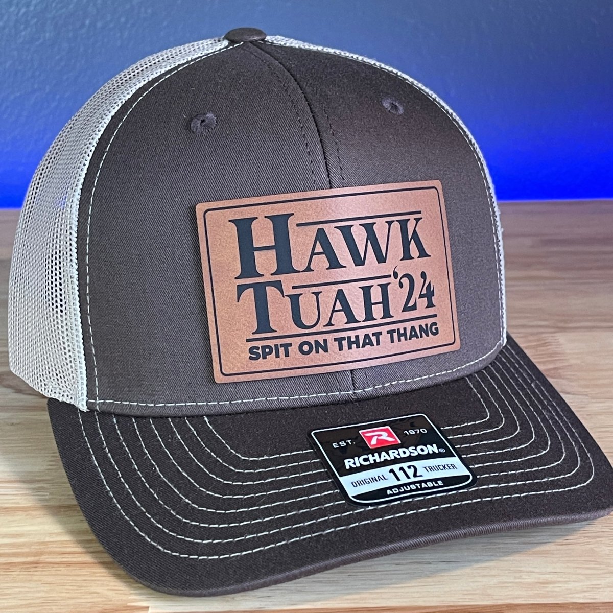 Hawk Tuah Spit On That Thang Viral Leather Patch Hat Brown/Khaki Patch Hat