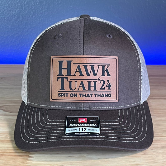 Hawk Tuah Spit On That Thang Viral Leather Patch Hat Brown/Khaki Patch Hat