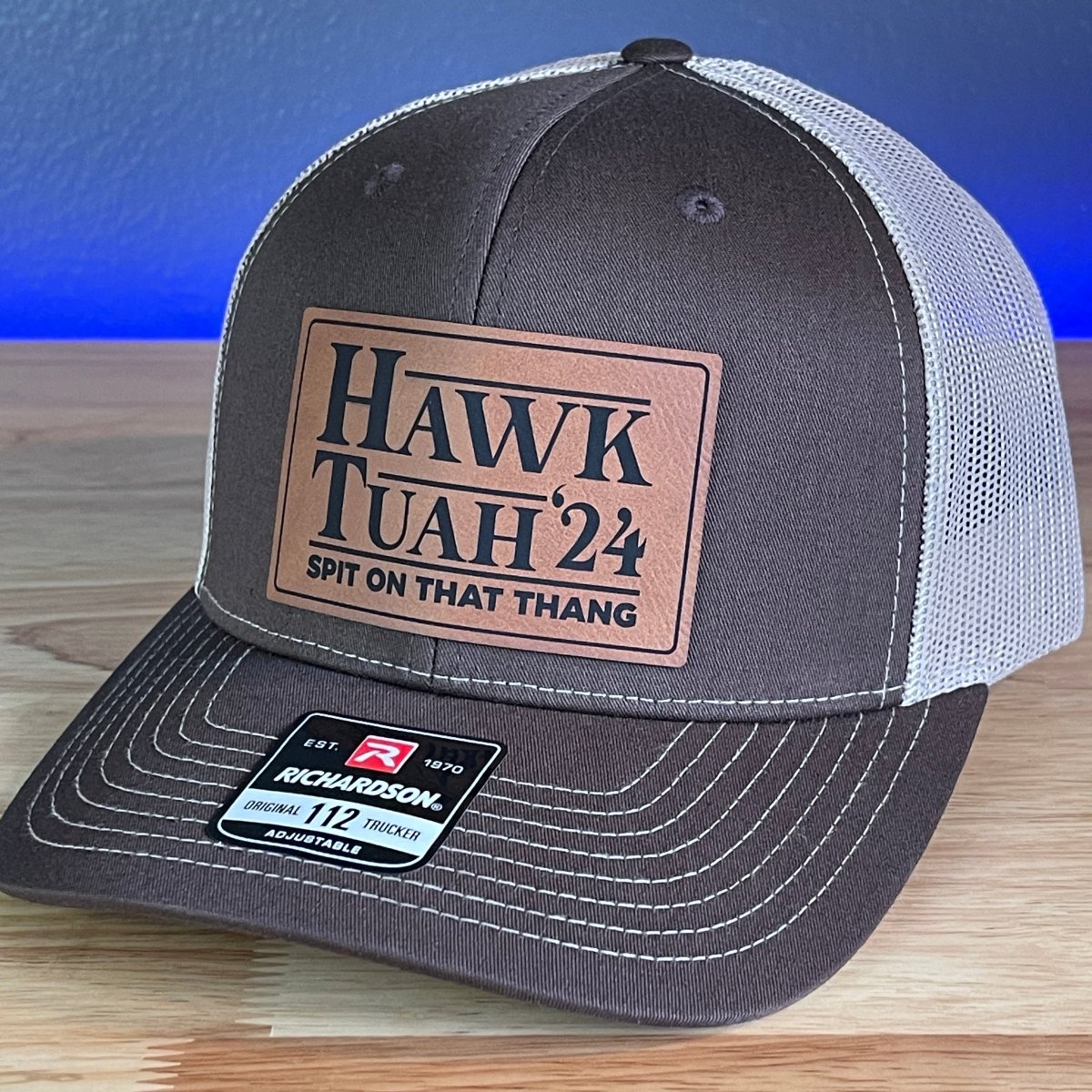 Hawk Tuah Spit On That Thang Viral Leather Patch Hat Brown/Khaki Patch Hat