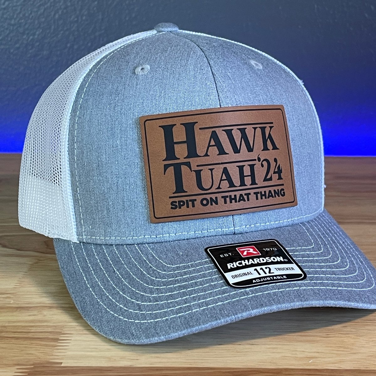 Hawk Tuah Spit On That Thang Viral Leather Patch Hat Grey/White Patch Hat