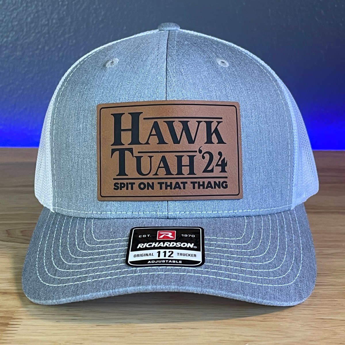 Hawk Tuah Spit On That Thang Viral Leather Patch Hat Grey/White Patch Hat