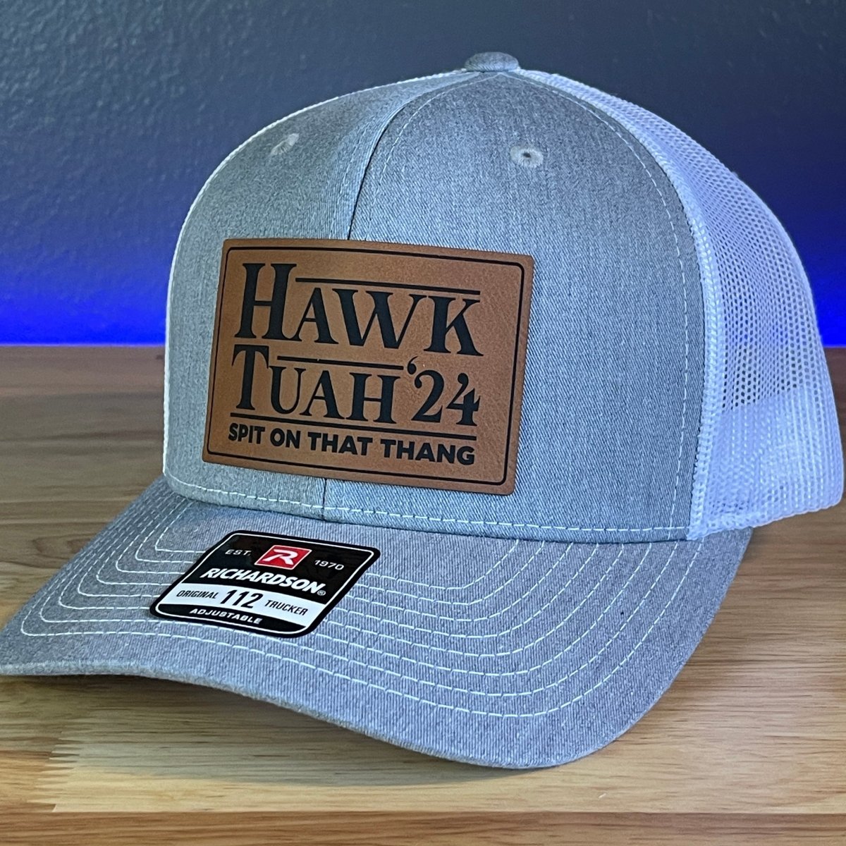 Hawk Tuah Spit On That Thang Viral Leather Patch Hat Grey/White Patch Hat