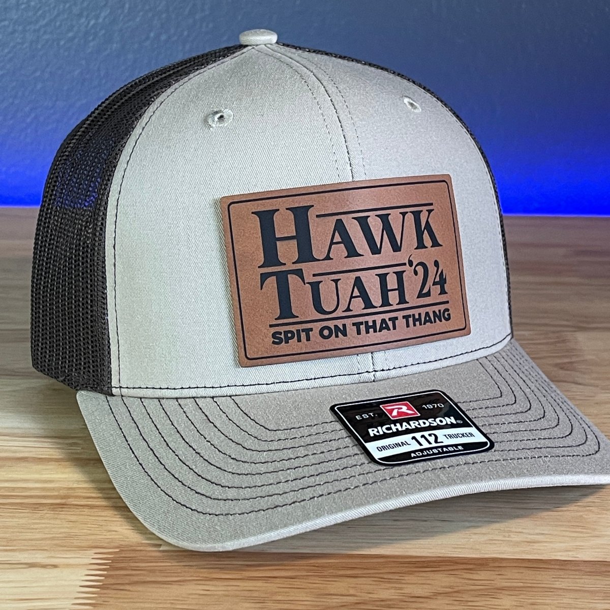 Hawk Tuah Spit On That Thang Viral Leather Patch Hat Khaki/Brown Patch Hat