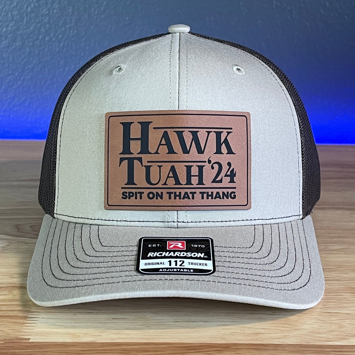 Hawk Tuah Spit On That Thang Viral Leather Patch Hat Khaki/Brown Patch Hat