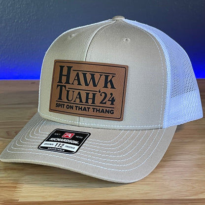 Hawk Tuah Spit On That Thang Viral Leather Patch Hat Khaki/White Patch Hat