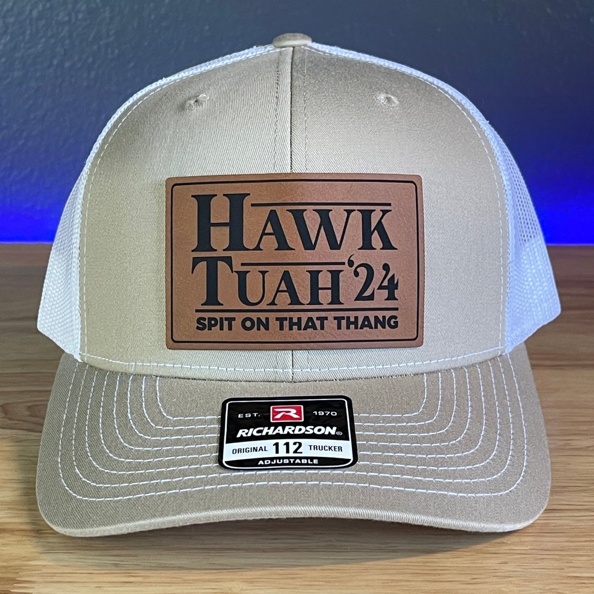 Hawk Tuah Spit On That Thang Viral Leather Patch Hat Khaki/White Patch Hat