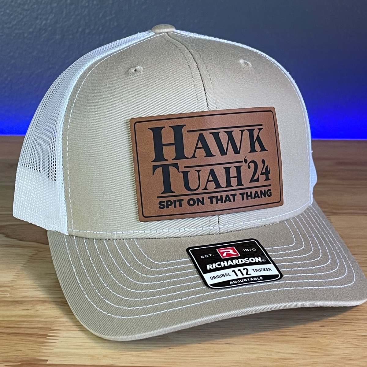 Hawk Tuah Spit On That Thang Viral Leather Patch Hat Khaki/White Patch Hat