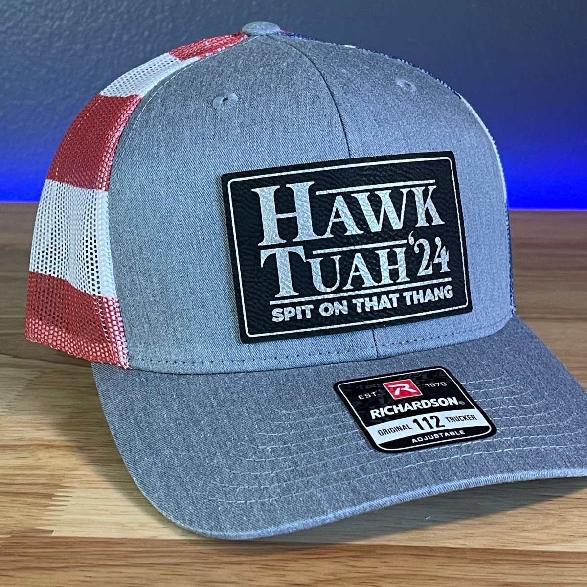 Hawk Tuah Spit On That Thang Viral Leather Patch Hat Stars & Stripes Blk/Silver Patch Patch Hat