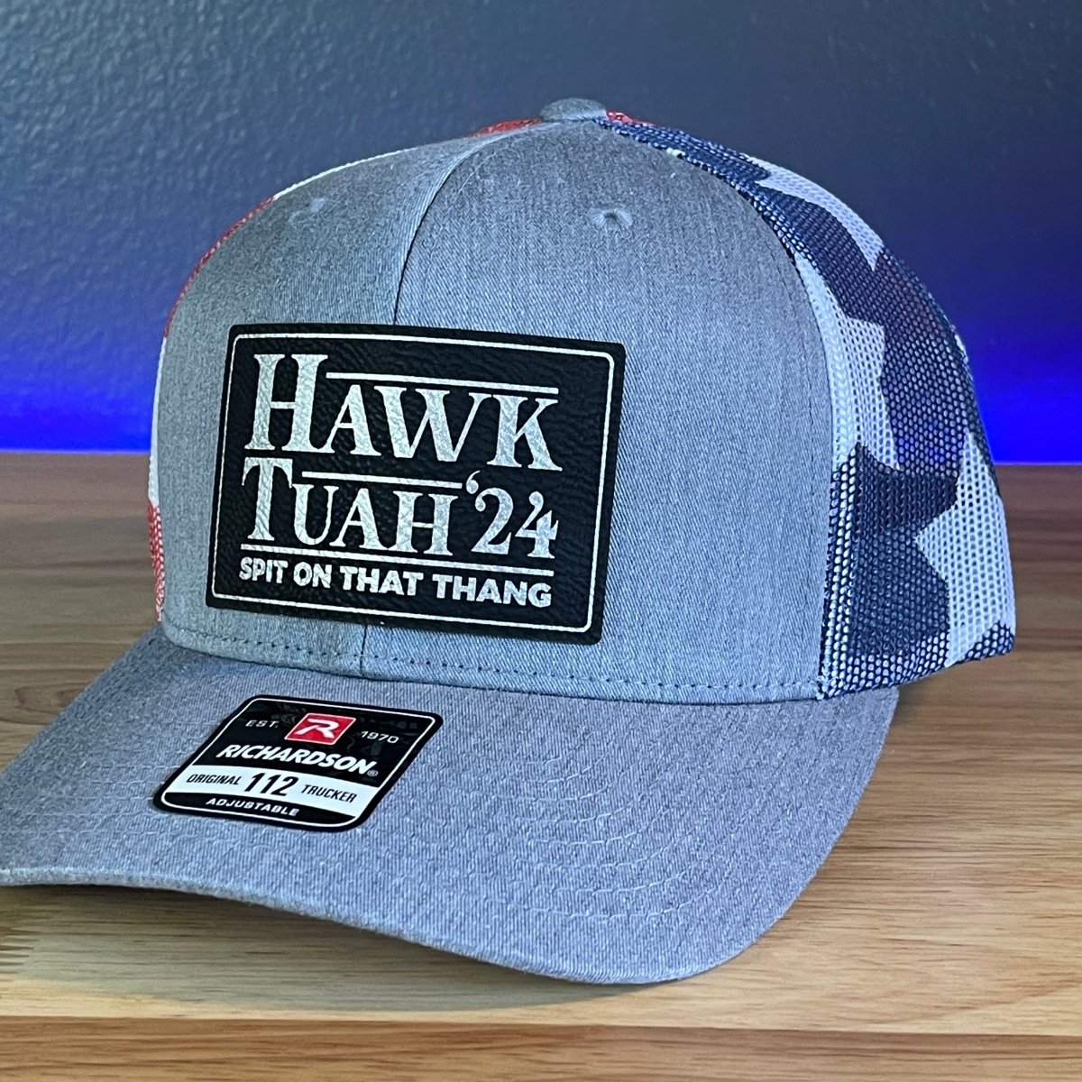 Hawk Tuah Spit On That Thang Viral Leather Patch Hat Stars & Stripes Blk/Silver Patch Patch Hat