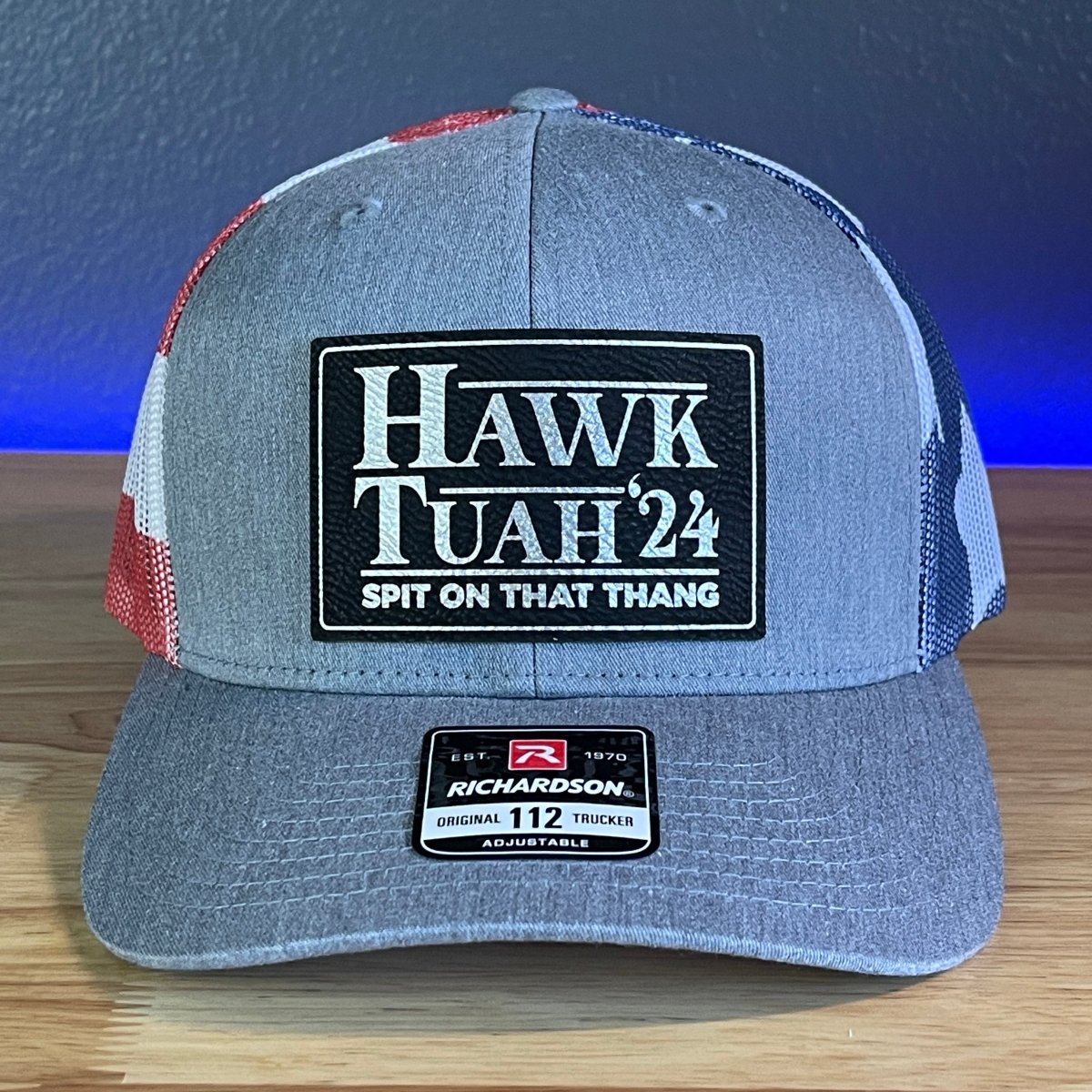 Hawk Tuah Spit On That Thang Viral Leather Patch Hat Stars & Stripes Blk/Silver Patch Patch Hat