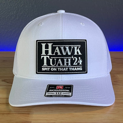 Hawk Tuah Spit On That Thang Viral Leather Patch Trucker Hat White Blk/Silver Patch Patch Hat