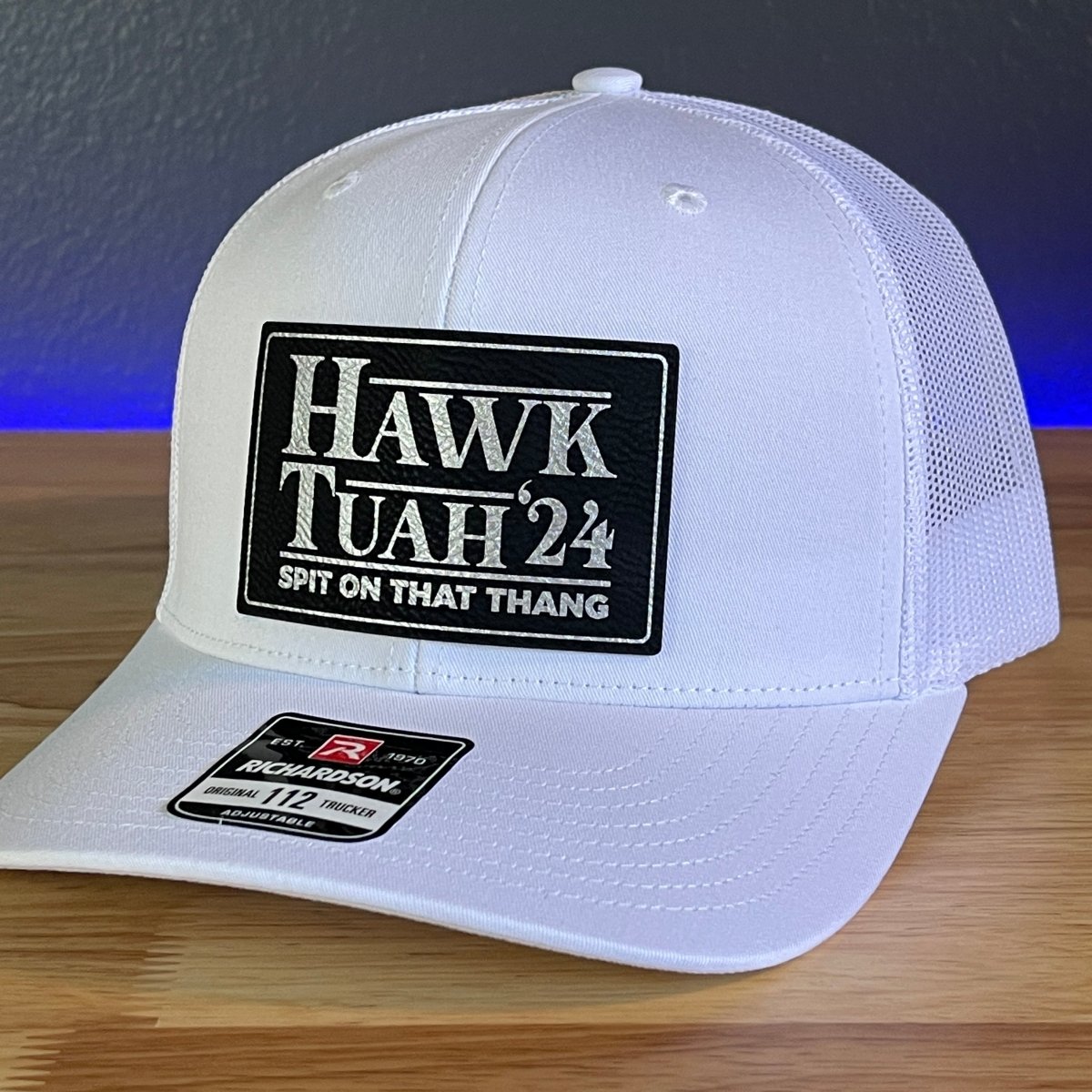 Hawk Tuah Spit On That Thang Viral Leather Patch Trucker Hat White Blk/Silver Patch Patch Hat