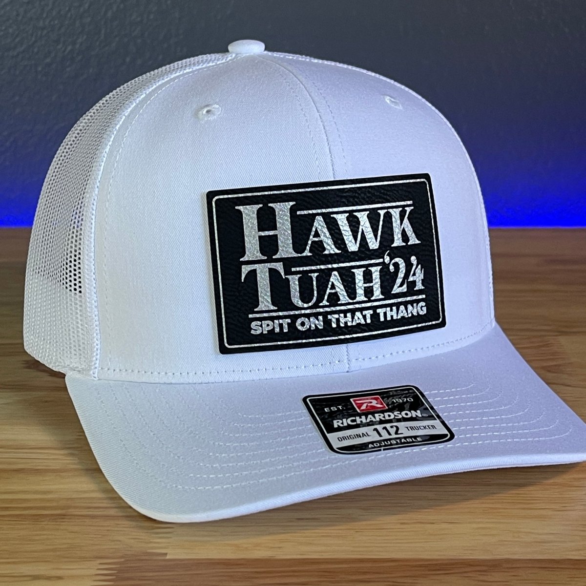 Hawk Tuah Spit On That Thang Viral Leather Patch Trucker Hat White Blk/Silver Patch Patch Hat