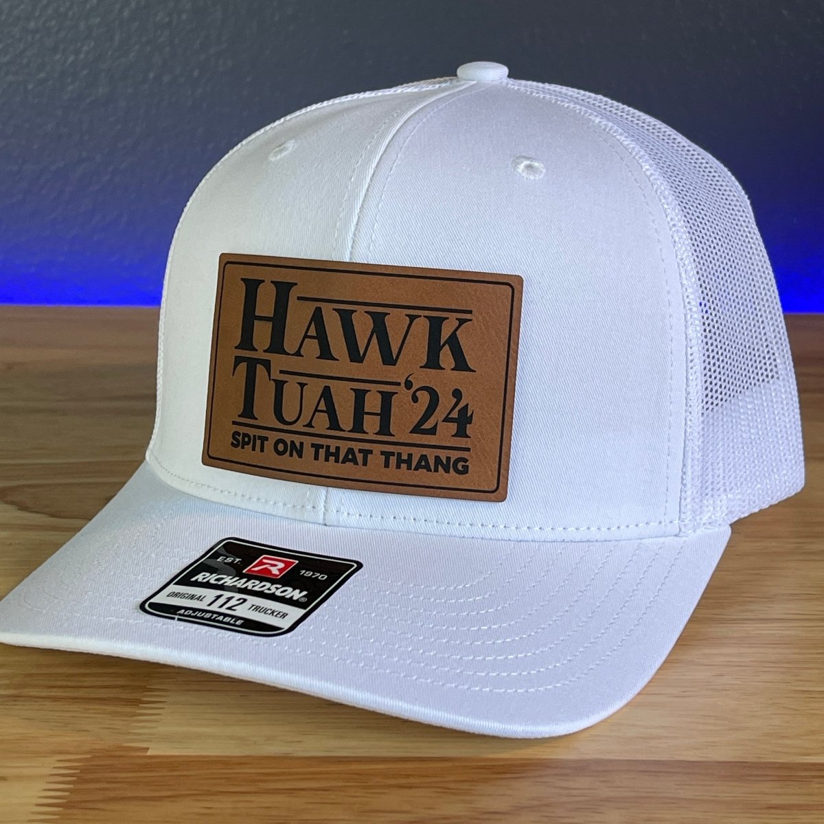 Hawk Tuah Spit On That Thang Viral Leather Patch Trucker Hat White Rawhide Patch Patch Hat