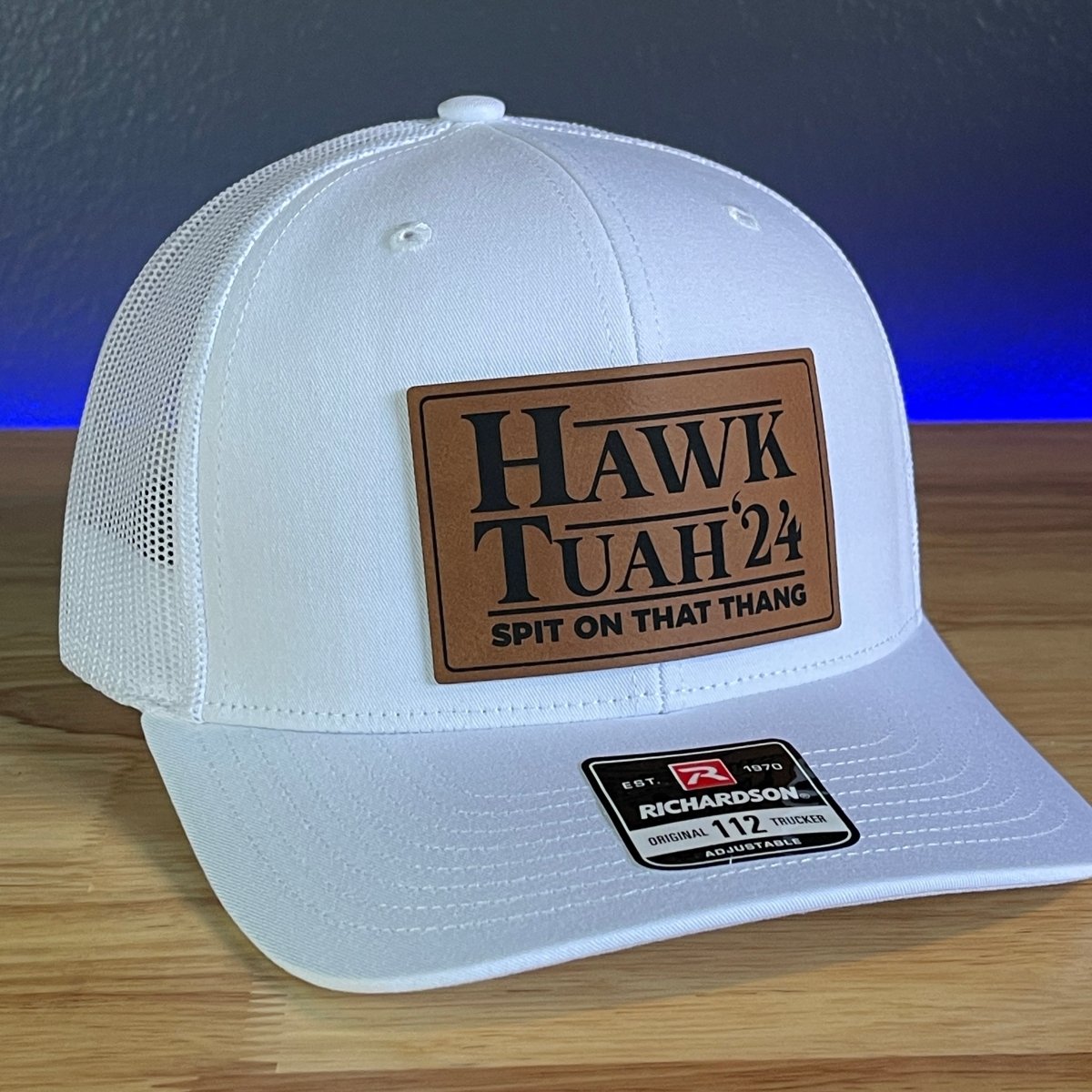 Hawk Tuah Spit On That Thang Viral Leather Patch Trucker Hat White Rawhide Patch Patch Hat