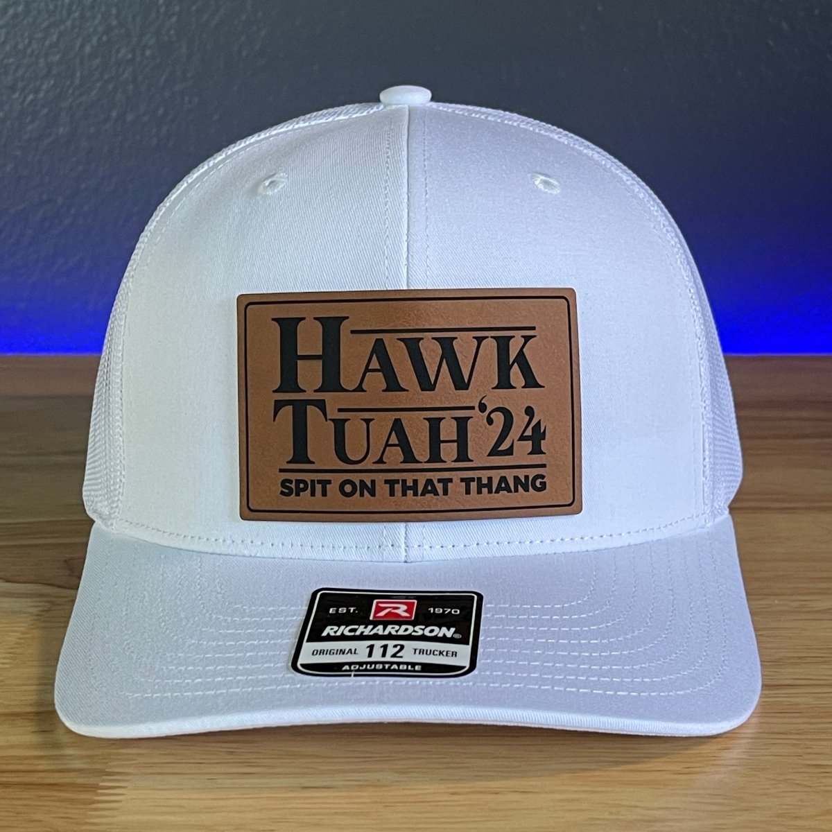 Hawk Tuah Spit On That Thang Viral Leather Patch Trucker Hat White Rawhide Patch Patch Hat