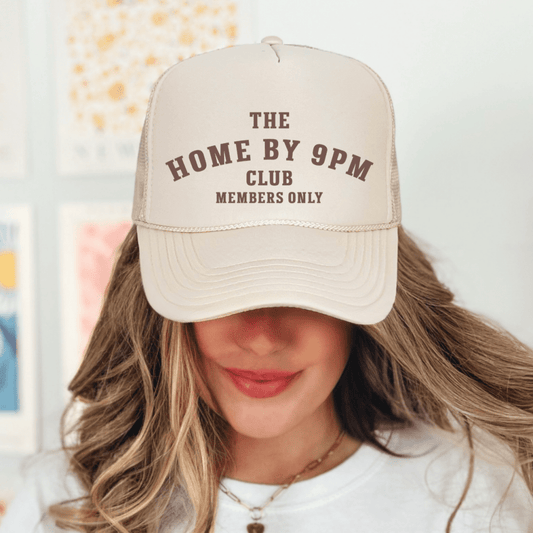 Home By 9pm Club Funny Classic Foam Trucker Hat for Women Khaki Trucker Hat