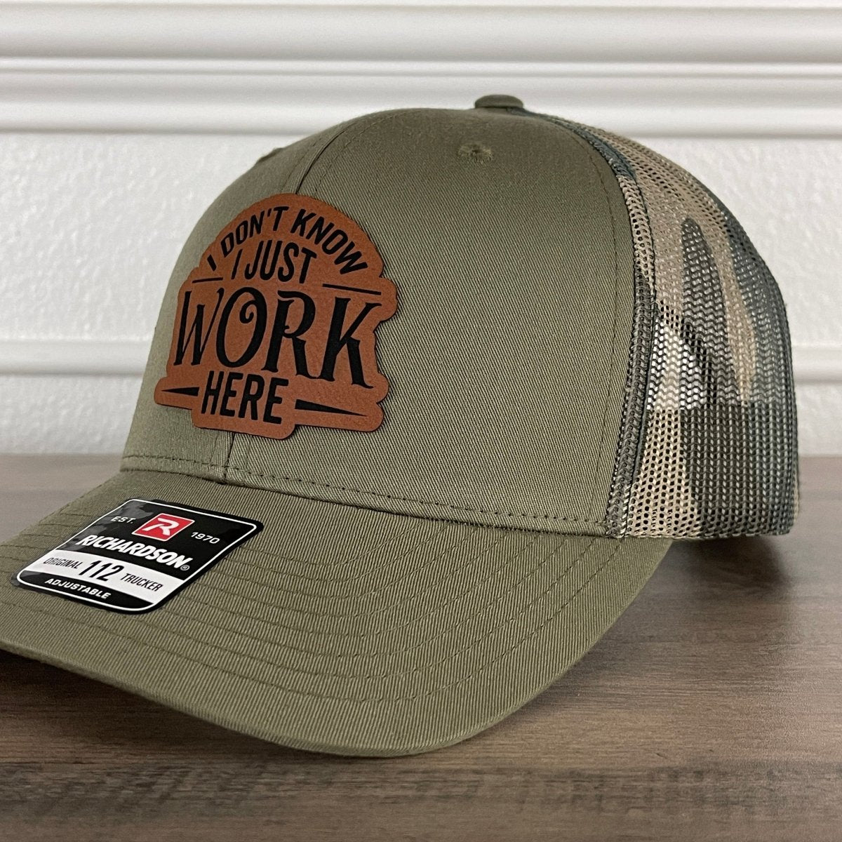 I Don't Know I Just Work Here Funny Leather Patch Hat Green/Camo Patch Hat - VividEditions