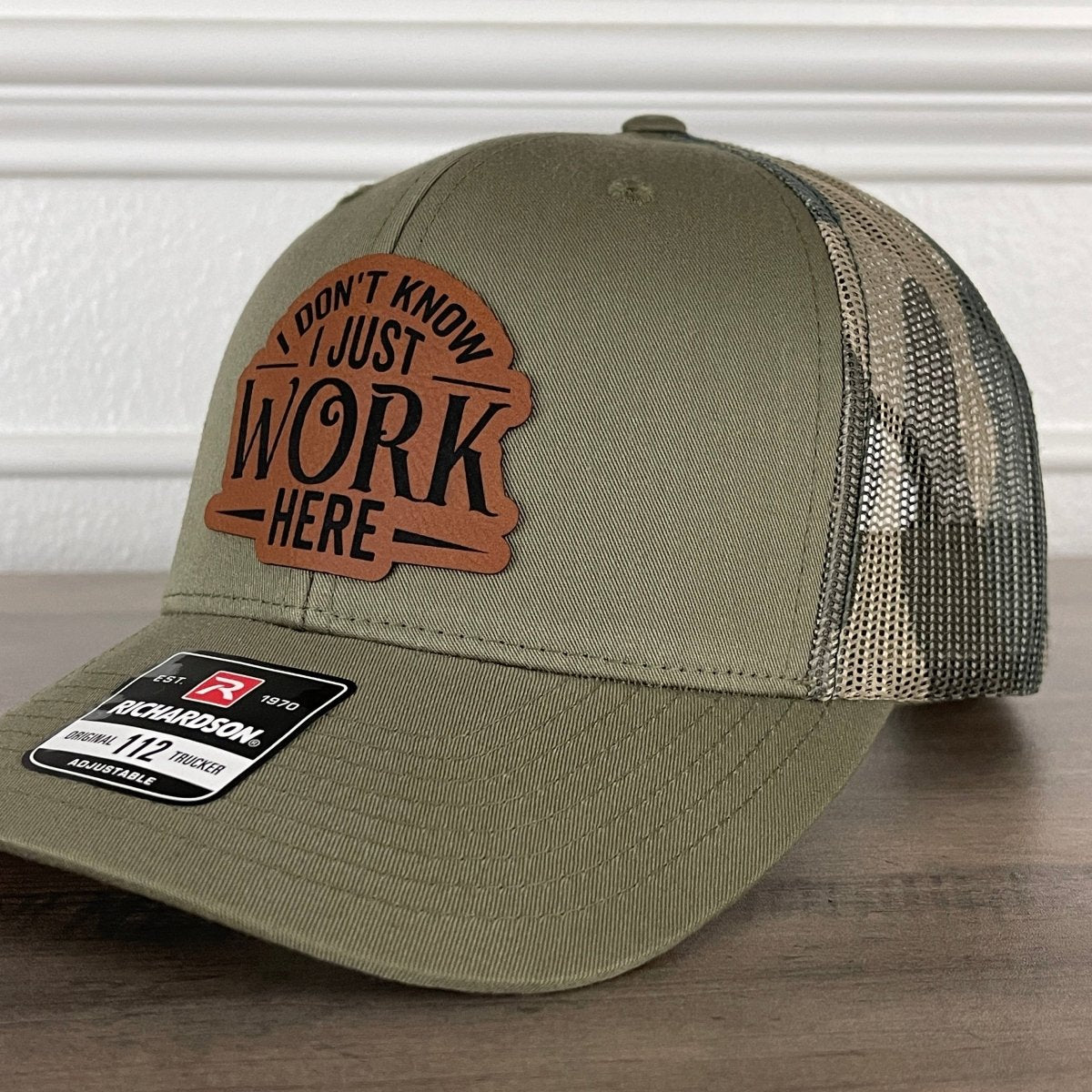 I Don't Know I Just Work Here Funny Leather Patch Hat Green/Camo Patch Hat - VividEditions