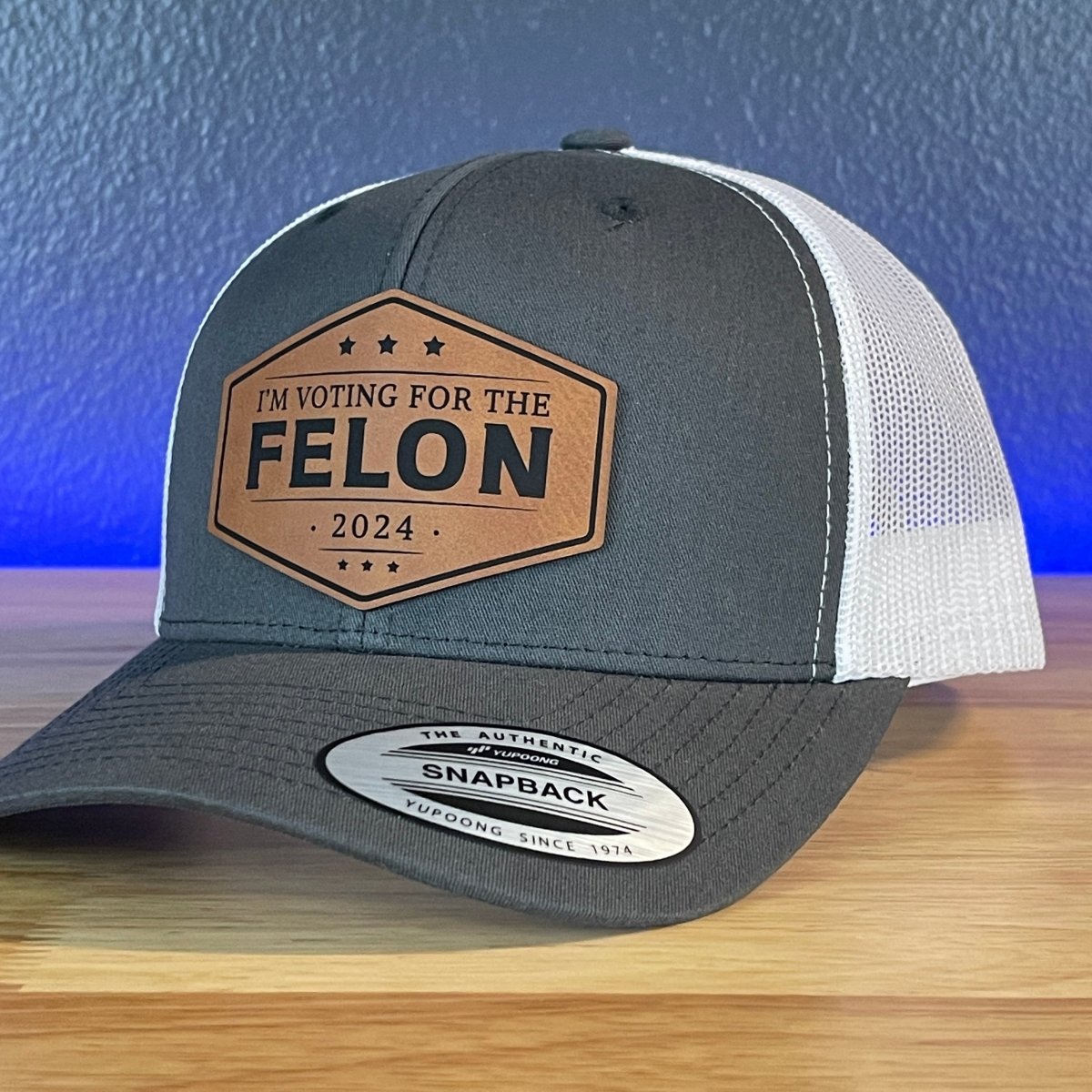 I'm Voting For The FELON Trump 2024 Leather Patch Hat Rawhide Charcoal/White Patch Hat