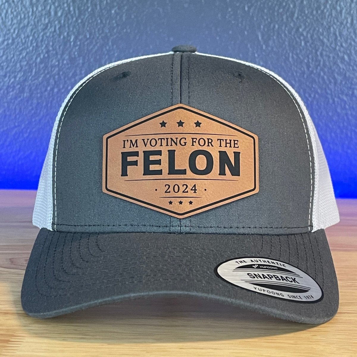 I'm Voting For The FELON Trump 2024 Leather Patch Hat Rawhide Charcoal/White Patch Hat