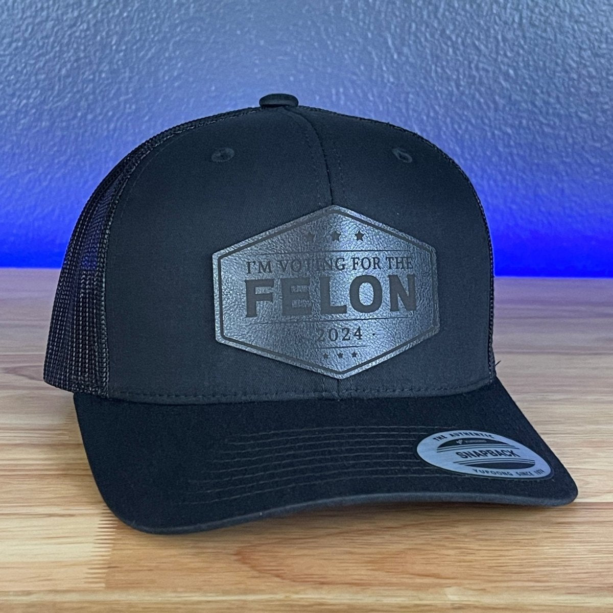 I'M VOTING FOR THE FELON Trump 2024 Leather Patch SnapBack Trucker Hat Black Patch Hat