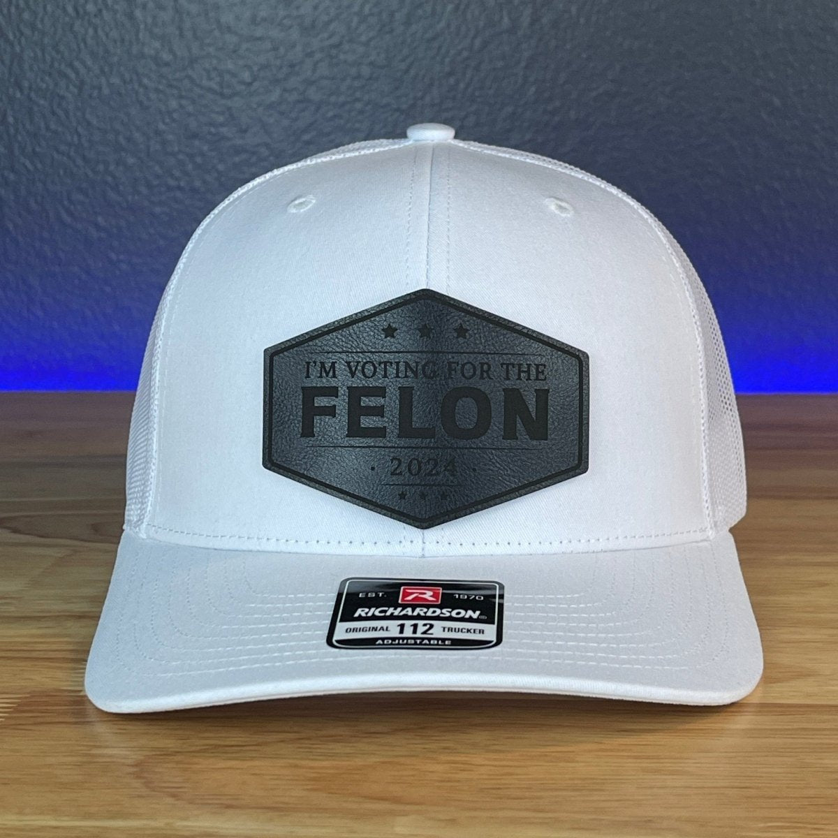 I'M VOTING FOR THE FELON Trump 2024 Leather Patch SnapBack Trucker Hat Black Patch Hat