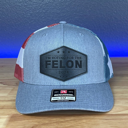 I'M VOTING FOR THE FELON Trump 2024 Leather Patch SnapBack Trucker Hat Black Patch Hat