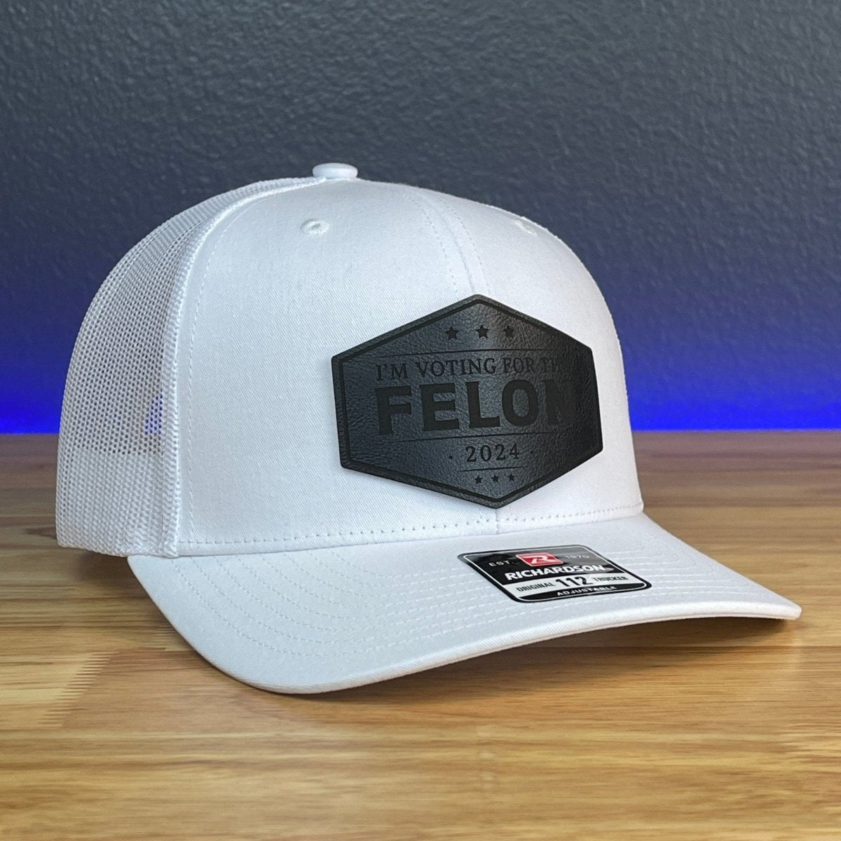 I'M VOTING FOR THE FELON Trump 2024 Leather Patch SnapBack Trucker Hat Black Patch Hat