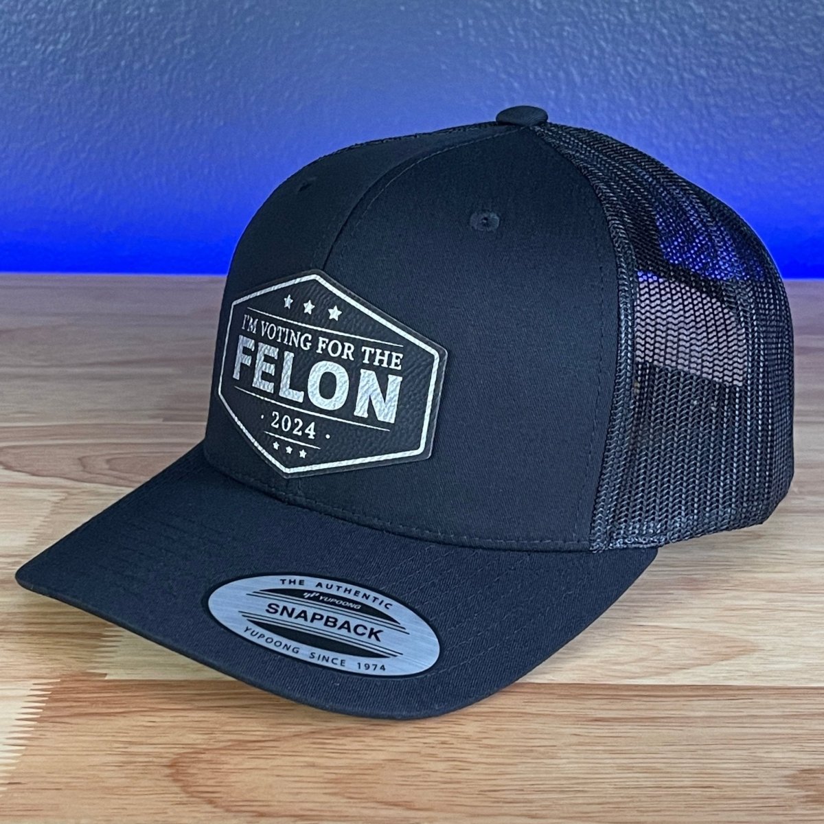 I'M VOTING FOR THE FELON Trump 2024 Leather Patch SnapBack Trucker Hat Black/Silver Patch Hat