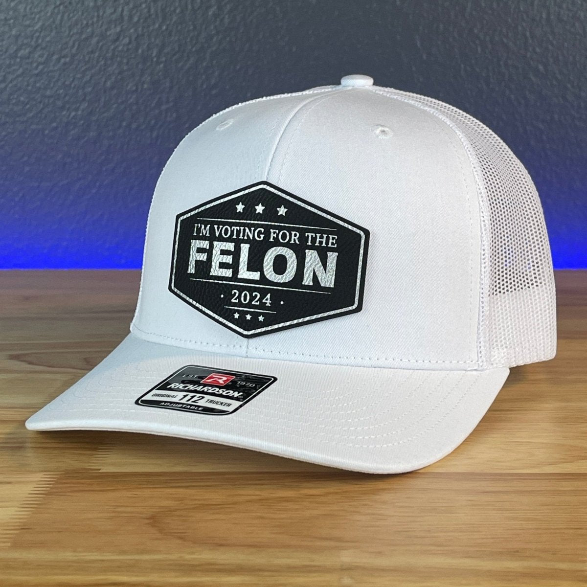 I'M VOTING FOR THE FELON Trump 2024 Leather Patch SnapBack Trucker Hat Black/Silver Patch Hat