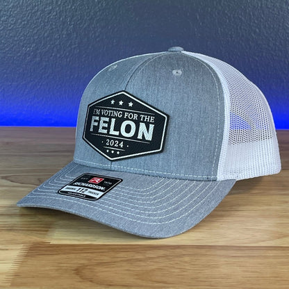 I'M VOTING FOR THE FELON Trump 2024 Leather Patch SnapBack Trucker Hat Black/Silver Patch Hat