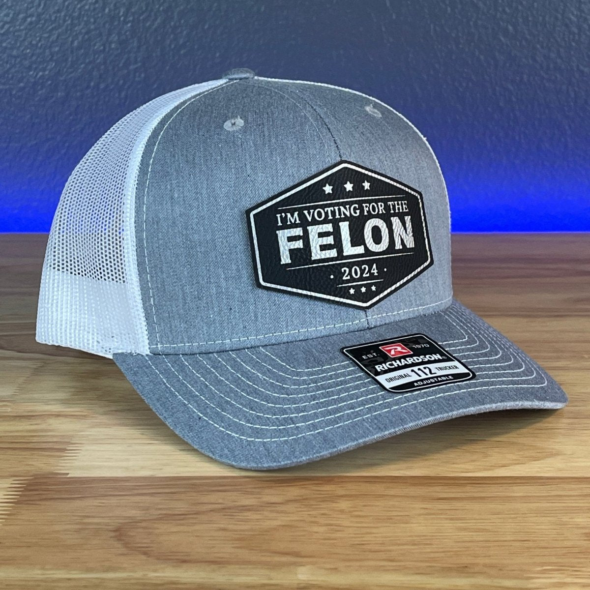 I'M VOTING FOR THE FELON Trump 2024 Leather Patch SnapBack Trucker Hat Black/Silver Patch Hat