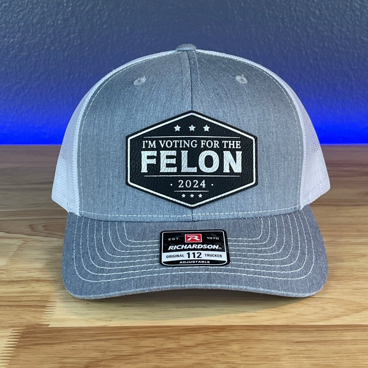 I'M VOTING FOR THE FELON Trump 2024 Leather Patch SnapBack Trucker Hat Black/Silver Patch Hat