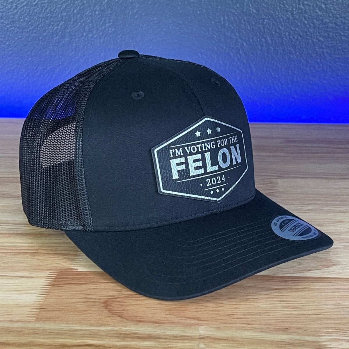 I'M VOTING FOR THE FELON Trump 2024 Leather Patch SnapBack Trucker Hat Black/Silver Patch Hat