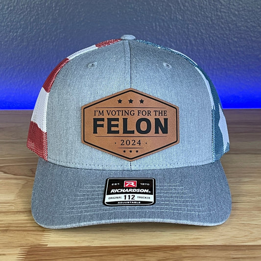 IM VOTING FOR THE FELON Trump 2024 Leather Patch SnapBack Trucker Hat Rawhide - Hollow Point Society