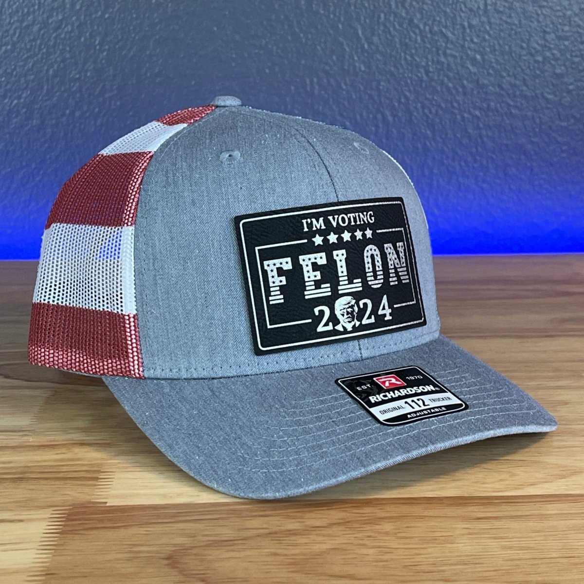 I'M VOTING FOR THE FELON Trump 2024 Rectangular Leather Patch SnapBack Trucker Hat Black/Silver Patch Hat