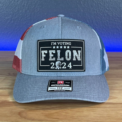 I'M VOTING FOR THE FELON Trump 2024 Rectangular Leather Patch SnapBack Trucker Hat Black/Silver Patch Hat