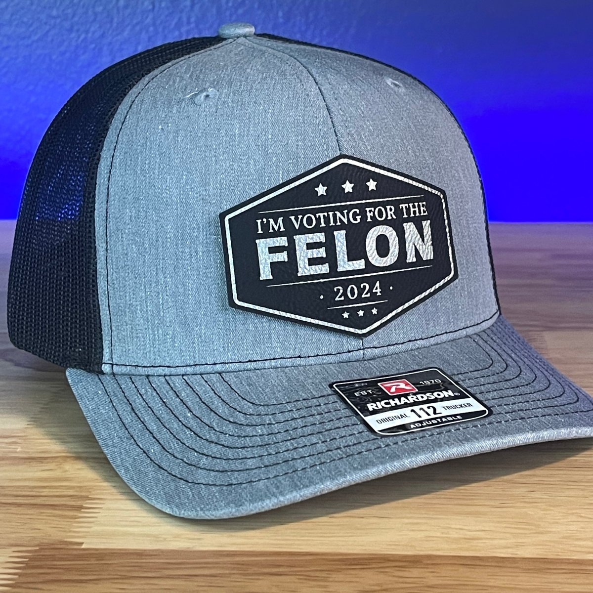 I'm Voting For The FELON Trump 2024 Trucker Hat Leather Patch Hat Black/Silver Patch Hat