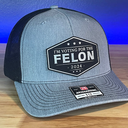 I'm Voting For The FELON Trump 2024 Trucker Hat Leather Patch Hat Black/Silver Patch Hat