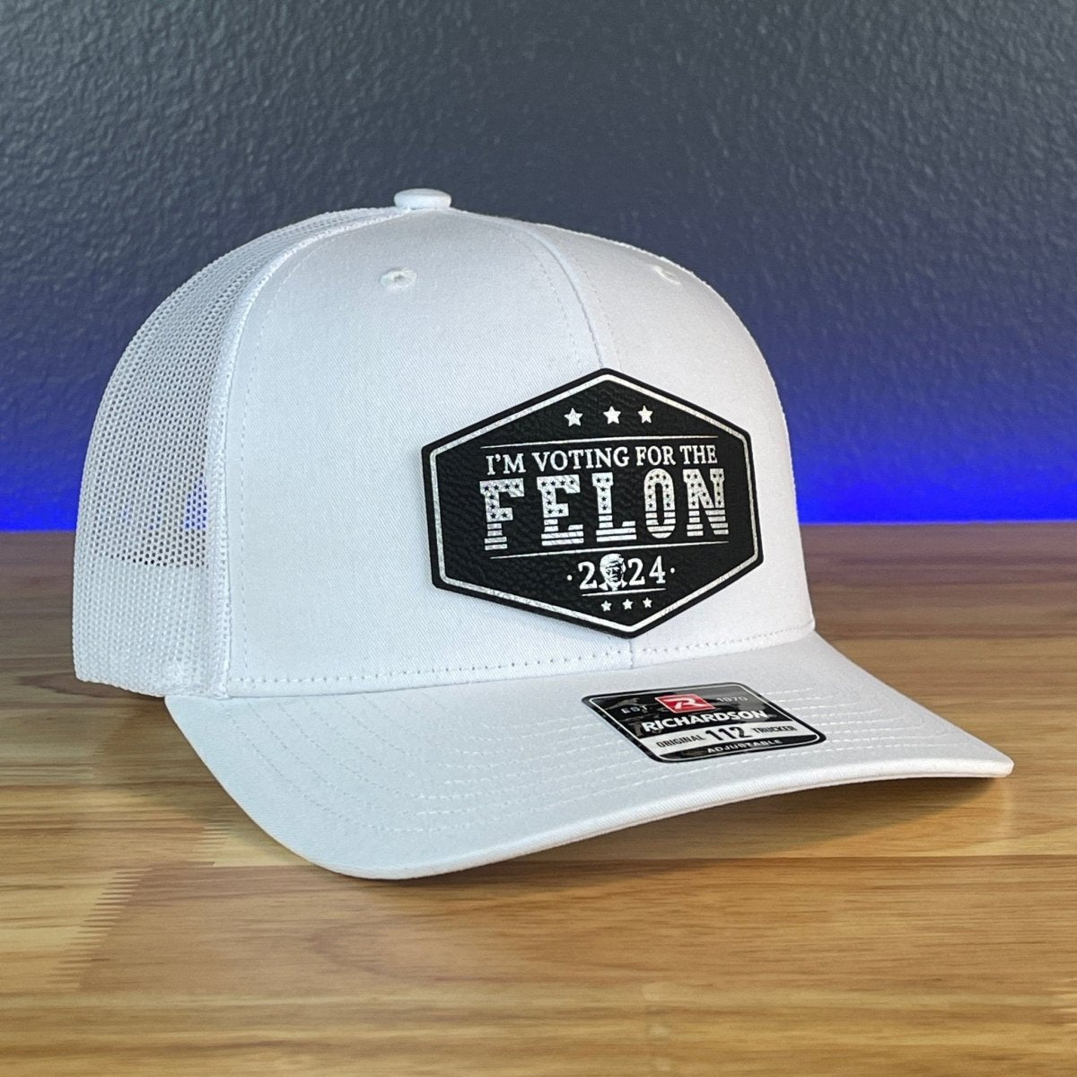 I'M VOTING FOR THE FELON Trump Face 2024 Leather Patch SnapBack Trucker Hat Black/Silver Patch Hat