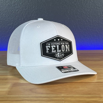 I'M VOTING FOR THE FELON Trump Face 2024 Leather Patch SnapBack Trucker Hat Black/Silver Patch Hat